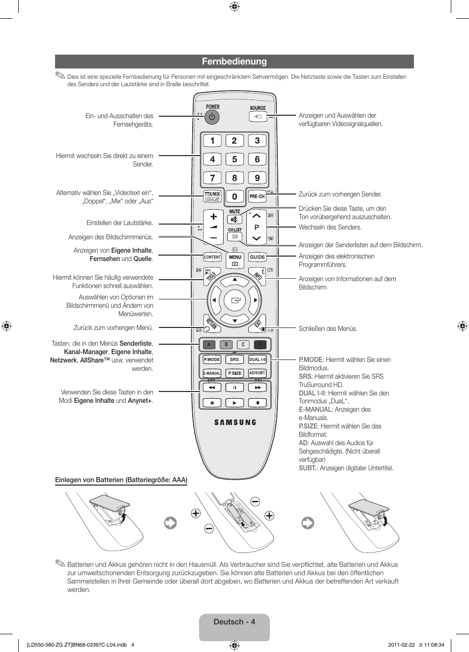 Fernbedienung | Samsung LE37D550K1W User Manual | Page 20 / 67