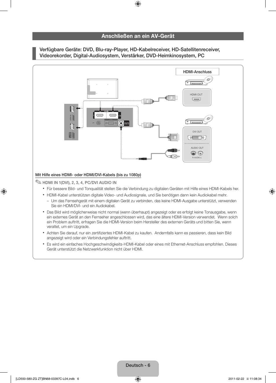 Anschließen an ein av-gerät | Samsung LE37D550K1W User Manual | Page 22 / 67