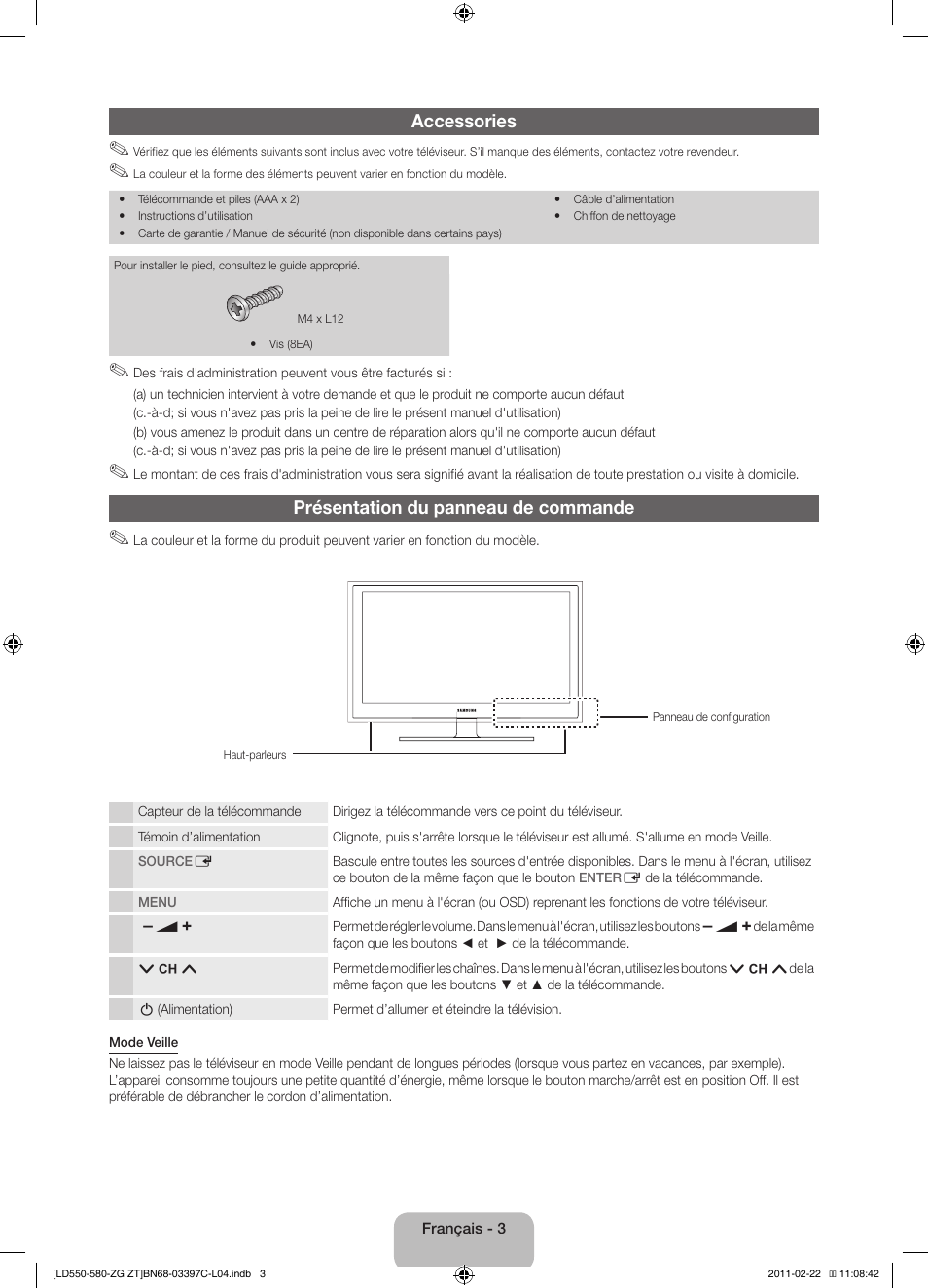 Accessories, Présentation du panneau de commande | Samsung LE37D550K1W User Manual | Page 35 / 67