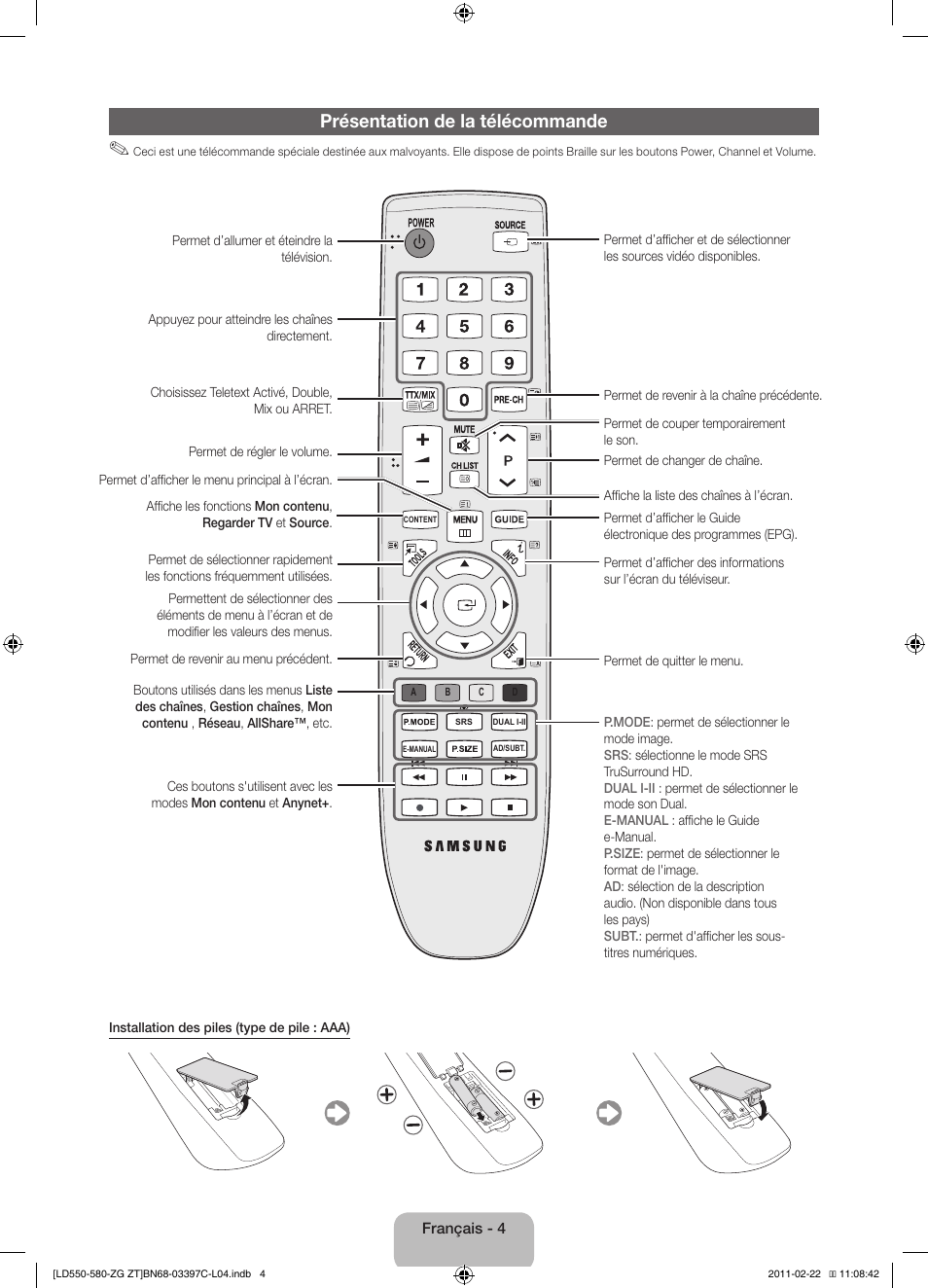 Présentation de la télécommande | Samsung LE37D550K1W User Manual | Page 36 / 67