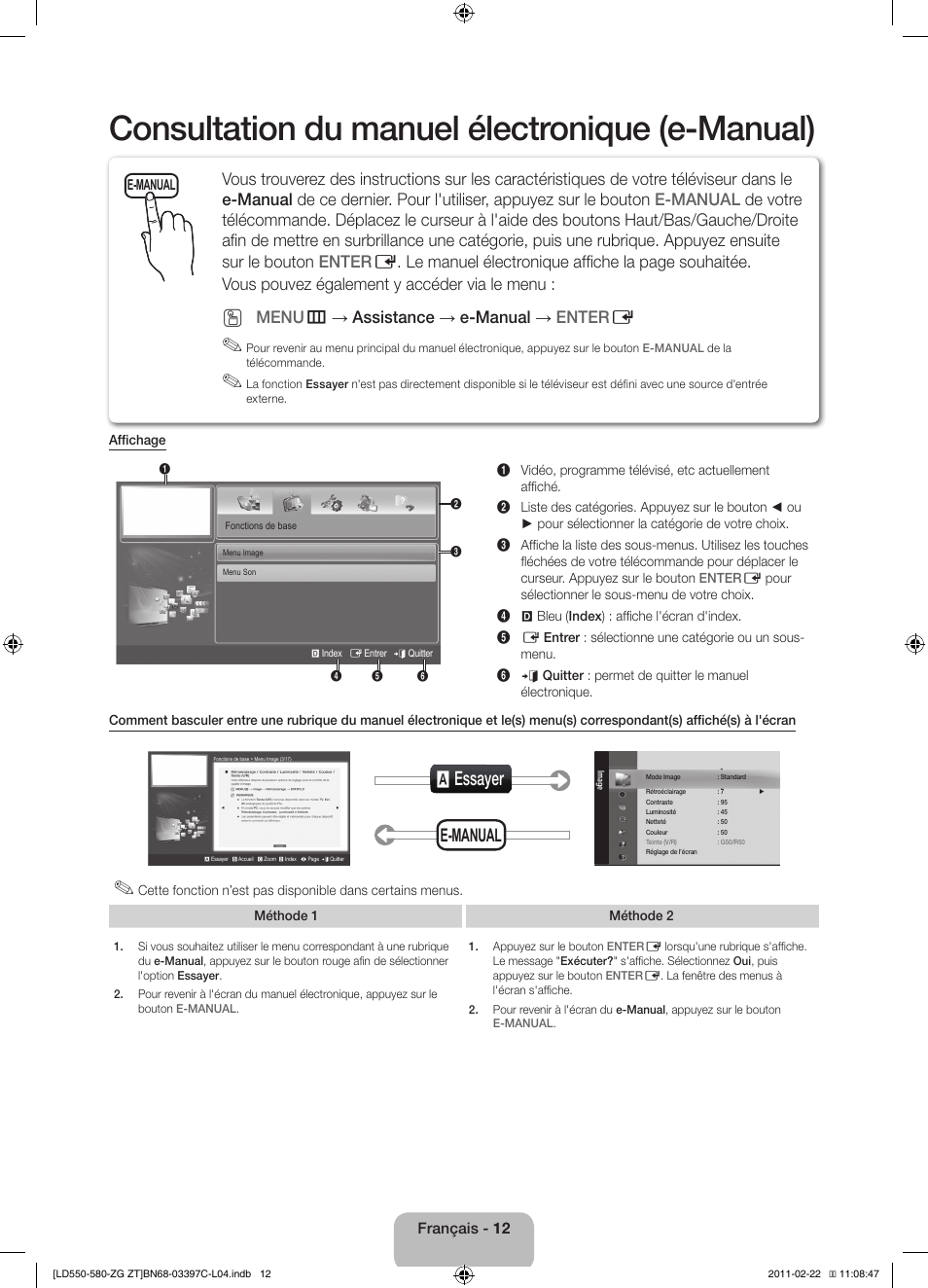 Consultation du manuel électronique (e-manual), A essayer, E-manual | Menu m → assistance → e-manual → enter e | Samsung LE37D550K1W User Manual | Page 44 / 67
