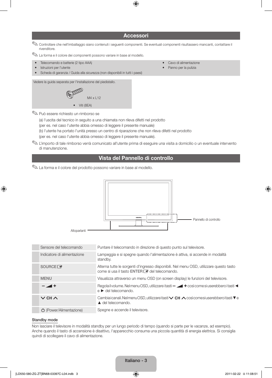 Accessori, Vista del pannello di controllo | Samsung LE37D550K1W User Manual | Page 51 / 67