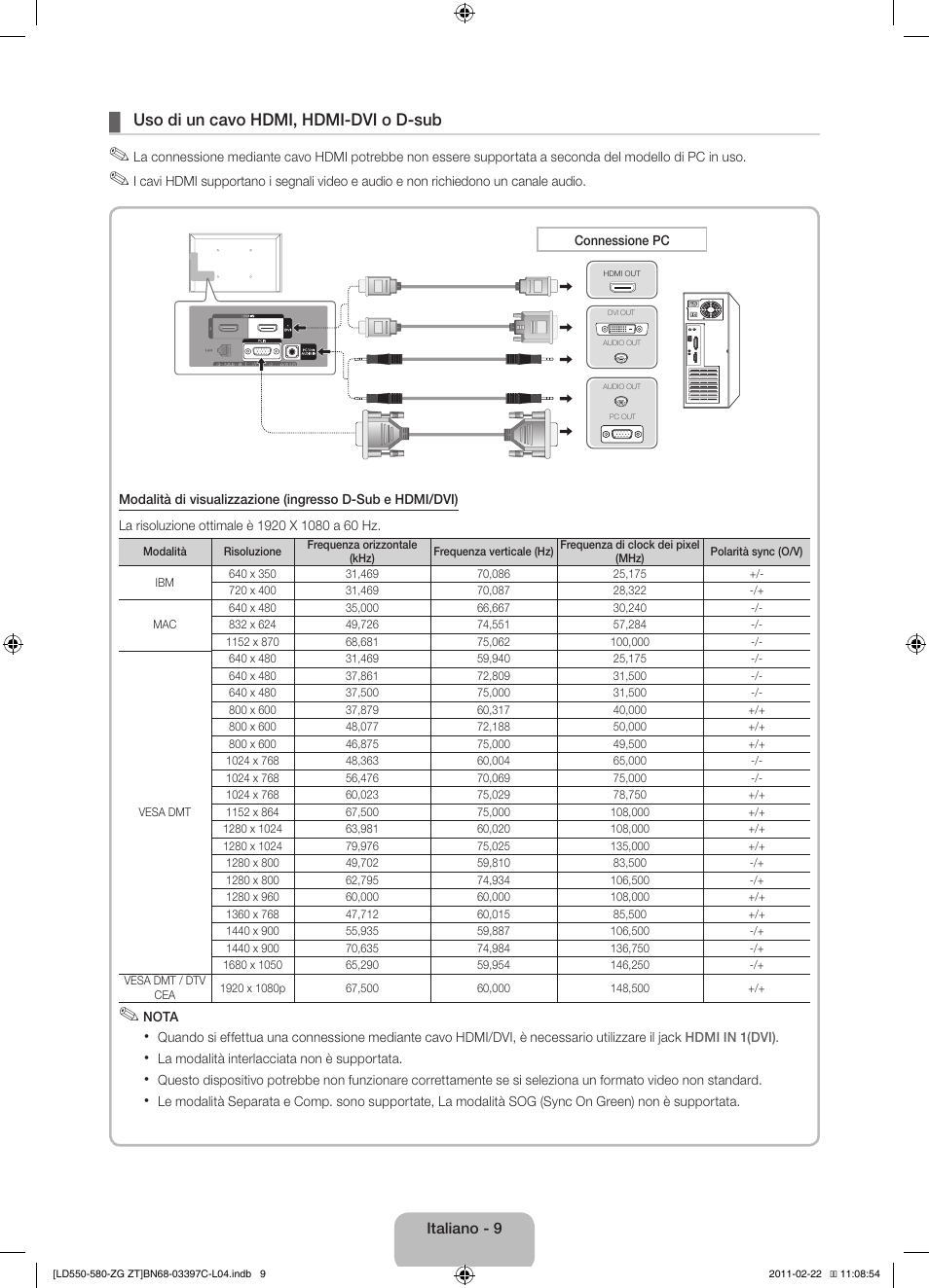 Uso di un cavo hdmi, hdmi-dvi o d-sub | Samsung LE37D550K1W User Manual | Page 57 / 67