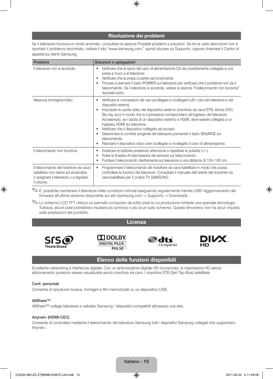 Licenza elenco delle funzioni disponibili | Samsung LE37D550K1W User Manual | Page 63 / 67