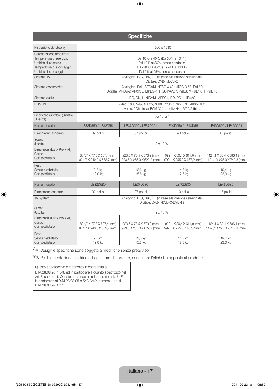 Specifiche | Samsung LE37D550K1W User Manual | Page 65 / 67