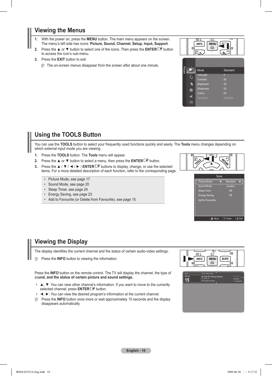Viewing the menus, Using the tools button, Viewing the display | Samsung PS50B430P2W User Manual | Page 10 / 283