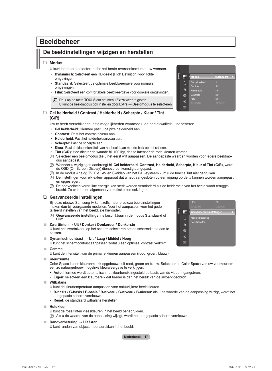 Beeldbeheer, De beeldinstellingen wijzigen en herstellen, Modus | Geavanceerde instellingen | Samsung PS50B430P2W User Manual | Page 110 / 283