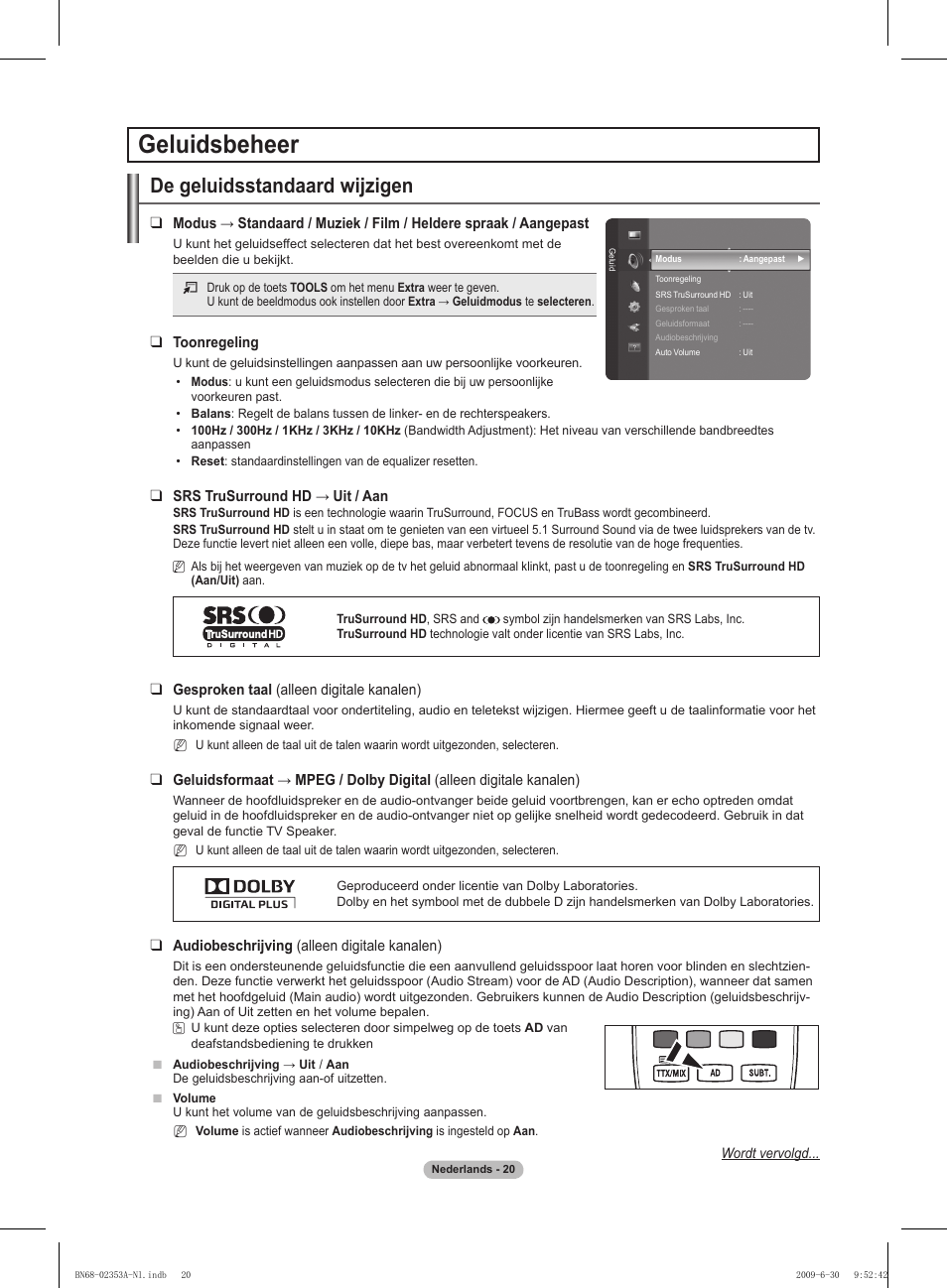 Geluidsbeheer, De geluidsstandaard wijzigen | Samsung PS50B430P2W User Manual | Page 113 / 283