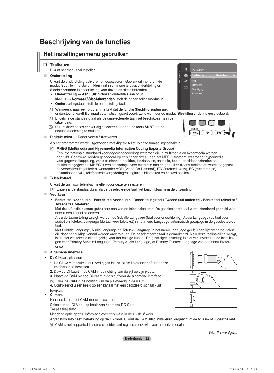 Beschrijving van de functies, Het instellingenmenu gebruiken | Samsung PS50B430P2W User Manual | Page 115 / 283