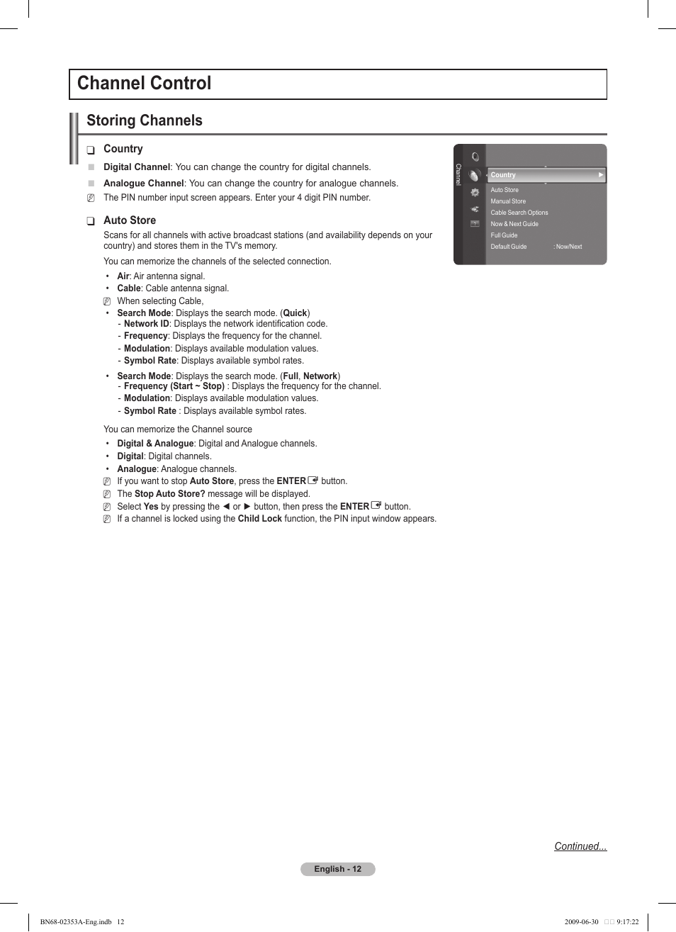 Channel control, Storing channels | Samsung PS50B430P2W User Manual | Page 12 / 283