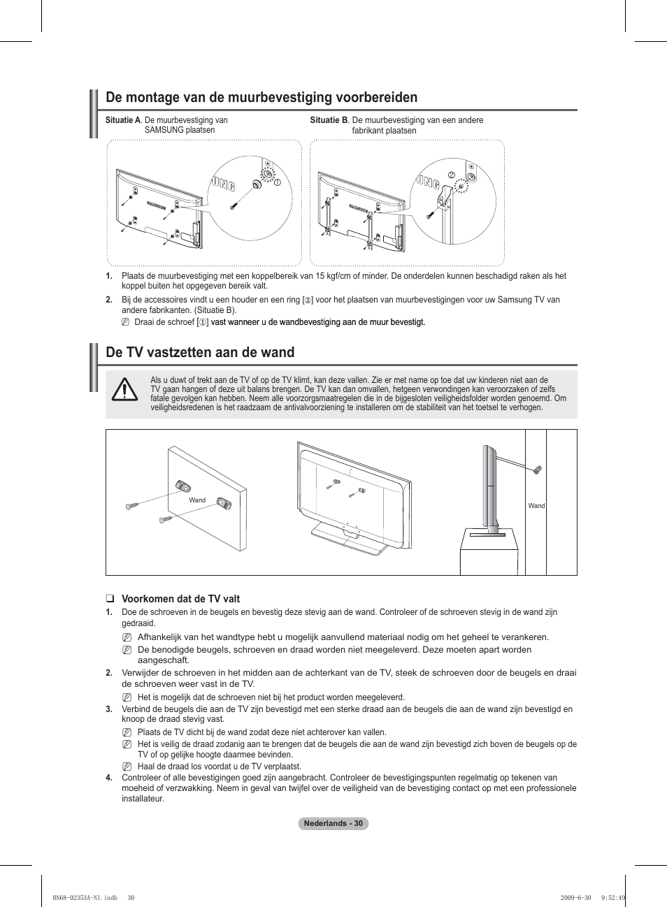 경고 주의 경고 주의, De tv vastzetten aan de wand, De montage van de muurbevestiging voorbereiden | Samsung PS50B430P2W User Manual | Page 123 / 283
