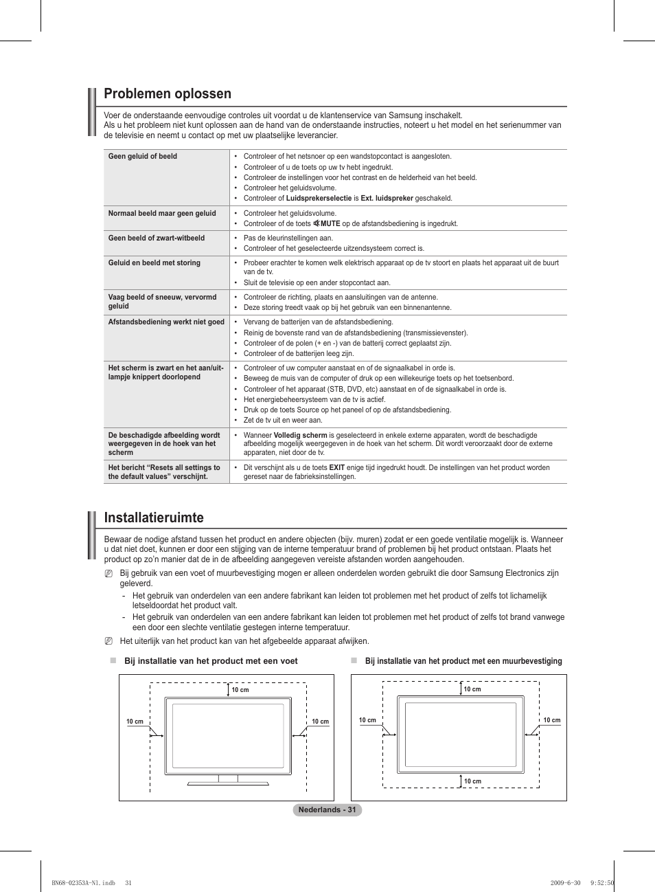Problemen oplossen, Installatieruimte | Samsung PS50B430P2W User Manual | Page 124 / 283