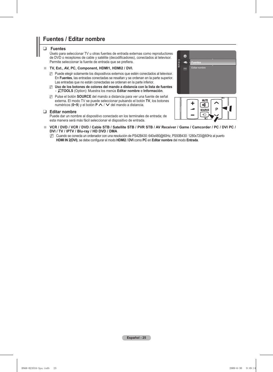 Fuentes / editar nombre | Samsung PS50B430P2W User Manual | Page 181 / 283