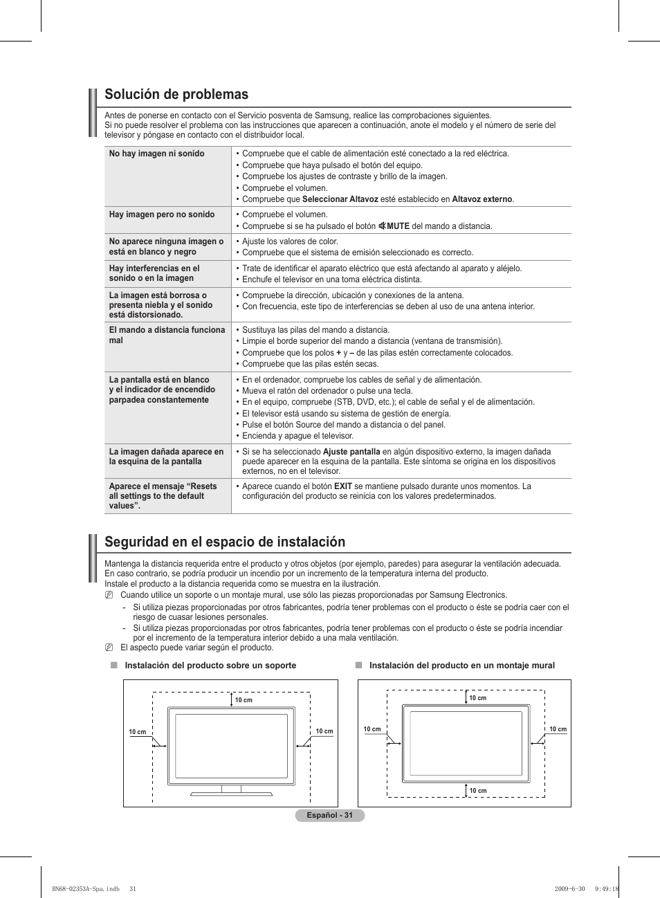 Solución de problemas, Seguridad en el espacio de instalación | Samsung PS50B430P2W User Manual | Page 187 / 283