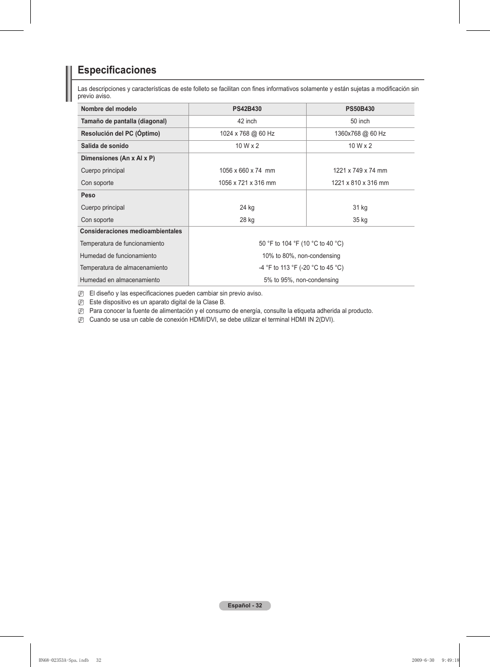 Especificaciones | Samsung PS50B430P2W User Manual | Page 188 / 283