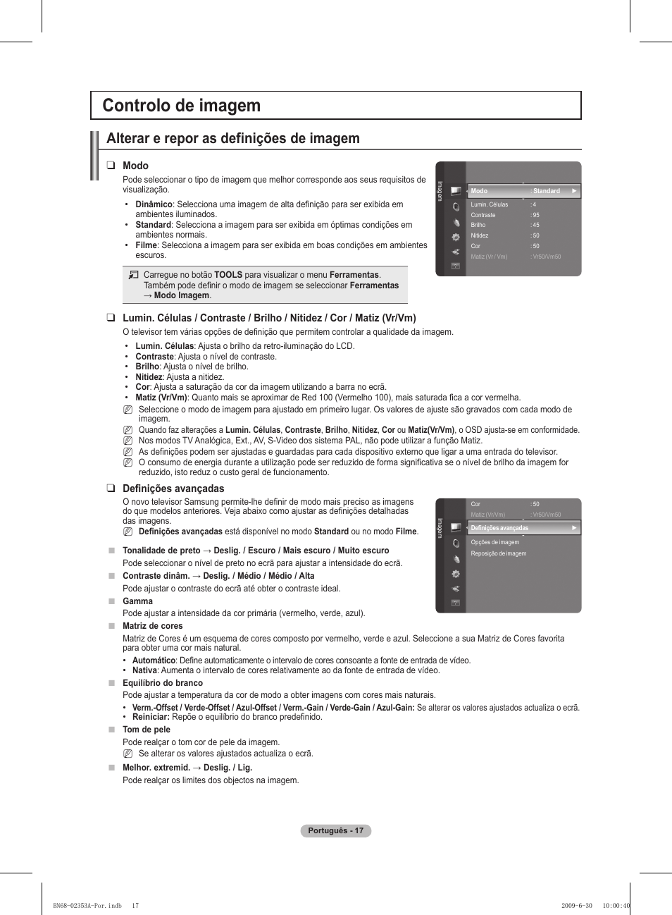 Controlo de imagem, Alterar e repor as definições de imagem, Modo | Definições avançadas | Samsung PS50B430P2W User Manual | Page 204 / 283