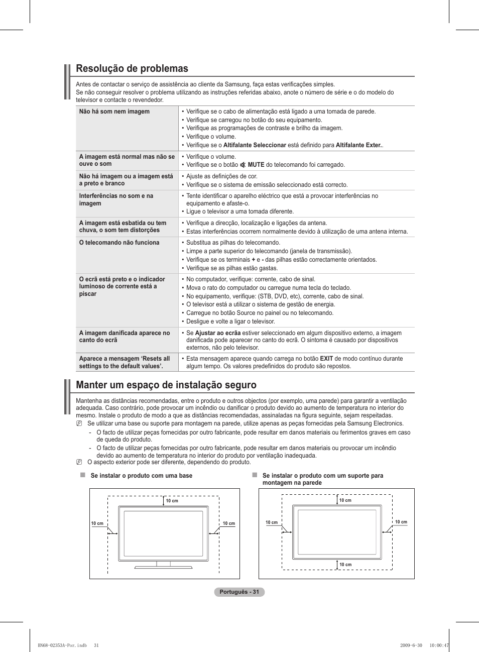 Resolução de problemas, Manter um espaço de instalação seguro | Samsung PS50B430P2W User Manual | Page 218 / 283