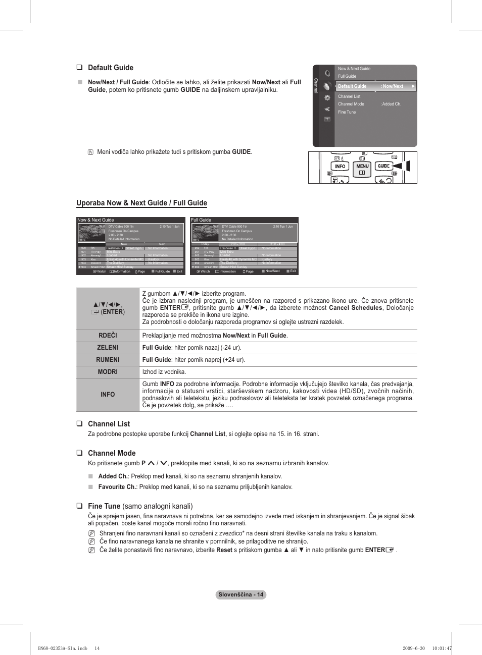 Default guide, Uporaba now & next guide / full guide, Channel list | Channel mode, Fine tune (samo analogni kanali) | Samsung PS50B430P2W User Manual | Page 232 / 283