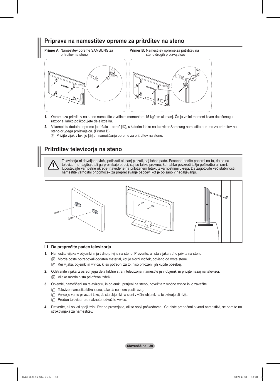 경고 주의 경고 주의, Pritrditev televizorja na steno | Samsung PS50B430P2W User Manual | Page 248 / 283