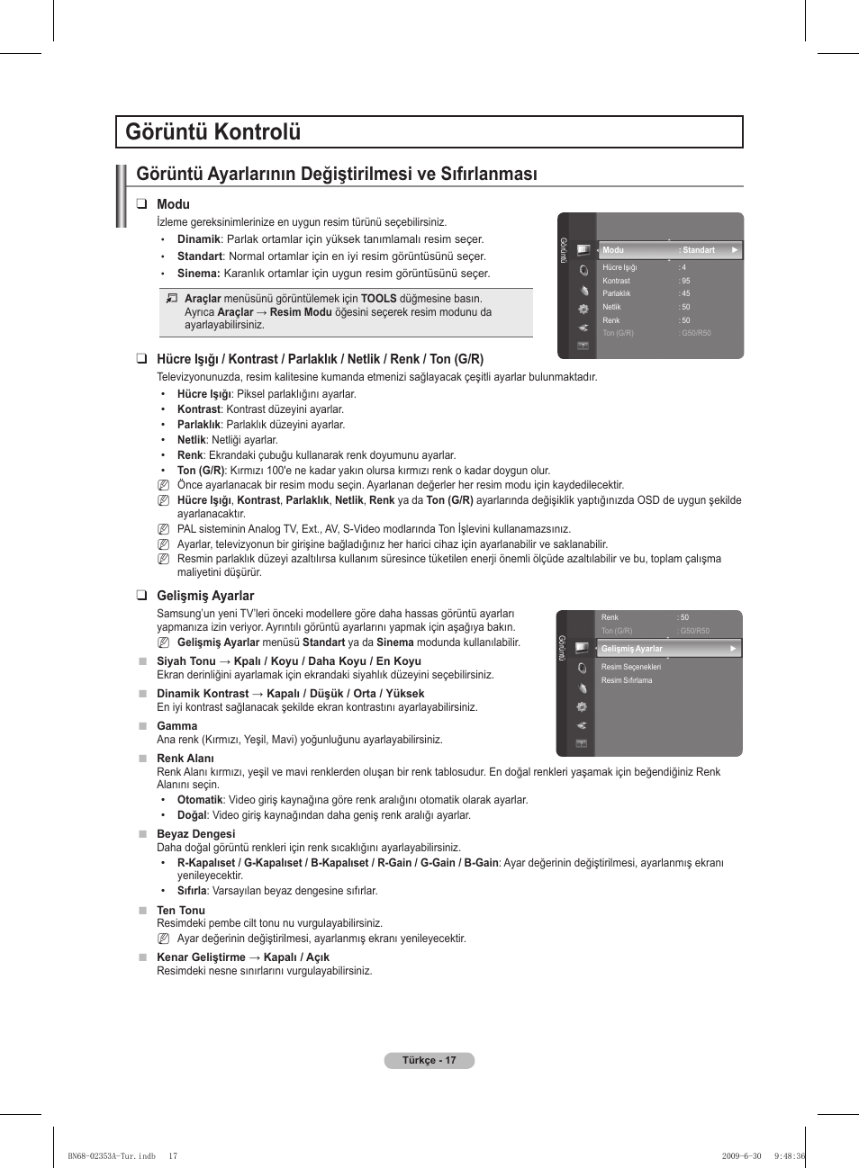 Görüntü kontrolü, Görüntü ayarlarının değiştirilmesi ve sıfırlanması, Modu | Gelişmiş ayarlar | Samsung PS50B430P2W User Manual | Page 266 / 283