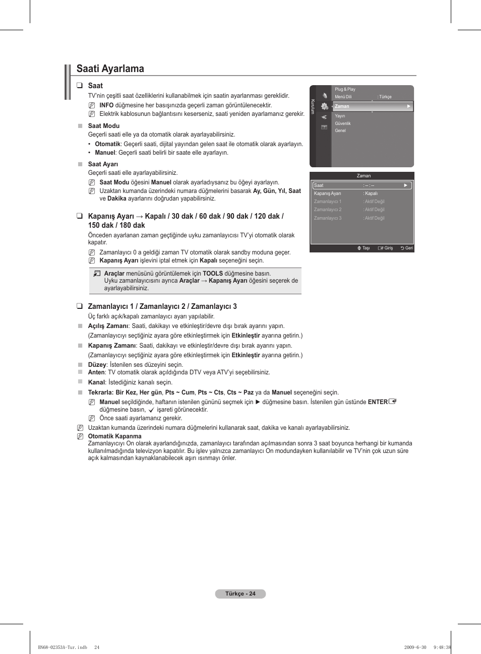 Saati ayarlama, Saat, Zamanlayıcı 1 / zamanlayıcı 2 / zamanlayıcı 3 | Samsung PS50B430P2W User Manual | Page 273 / 283
