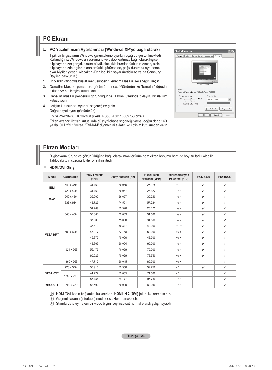 Ekran modları, Pc ekranı | Samsung PS50B430P2W User Manual | Page 275 / 283