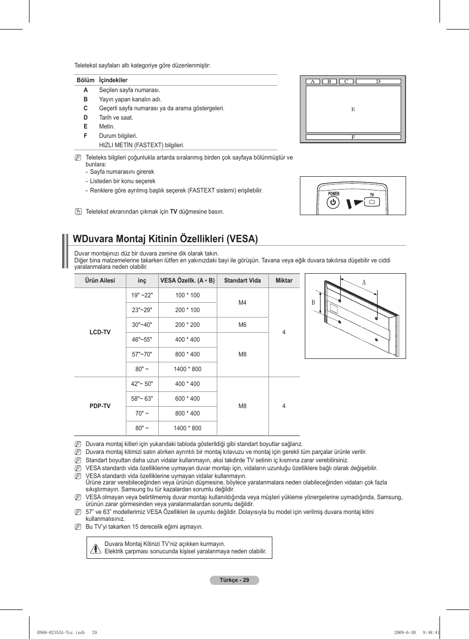 Wduvara montaj kitinin özellikleri (vesa) | Samsung PS50B430P2W User Manual | Page 278 / 283