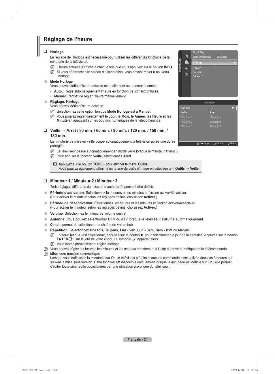 Réglage de l’heure, Minuteur 1 / minuteur  / minuteur 3 | Samsung PS50B430P2W User Manual | Page 55 / 283