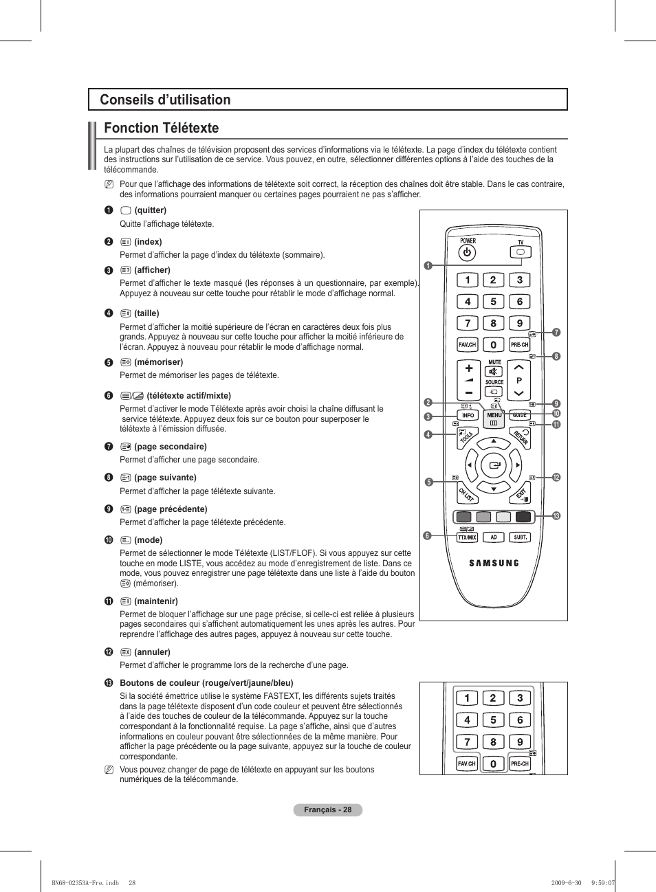 Conseils d’utilisation fonction télétexte | Samsung PS50B430P2W User Manual | Page 59 / 283