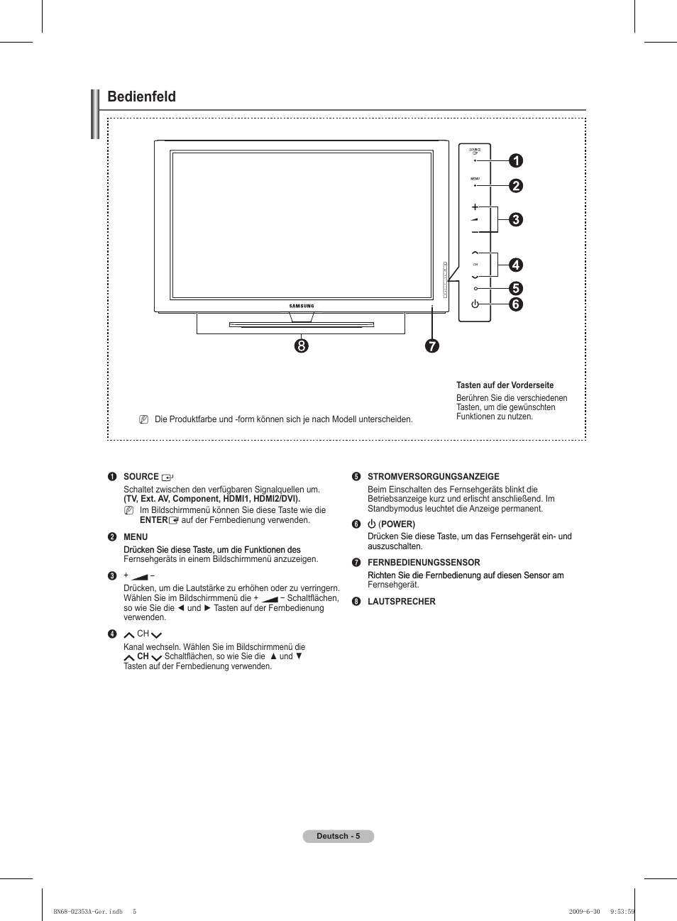 Bedienfeld | Samsung PS50B430P2W User Manual | Page 67 / 283