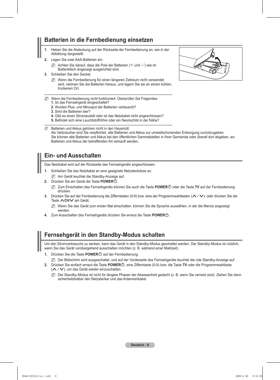 Batterien in die fernbedienung einsetzen, Ein- und ausschalten, Fernsehgerät in den standby-modus schalten | Samsung PS50B430P2W User Manual | Page 71 / 283