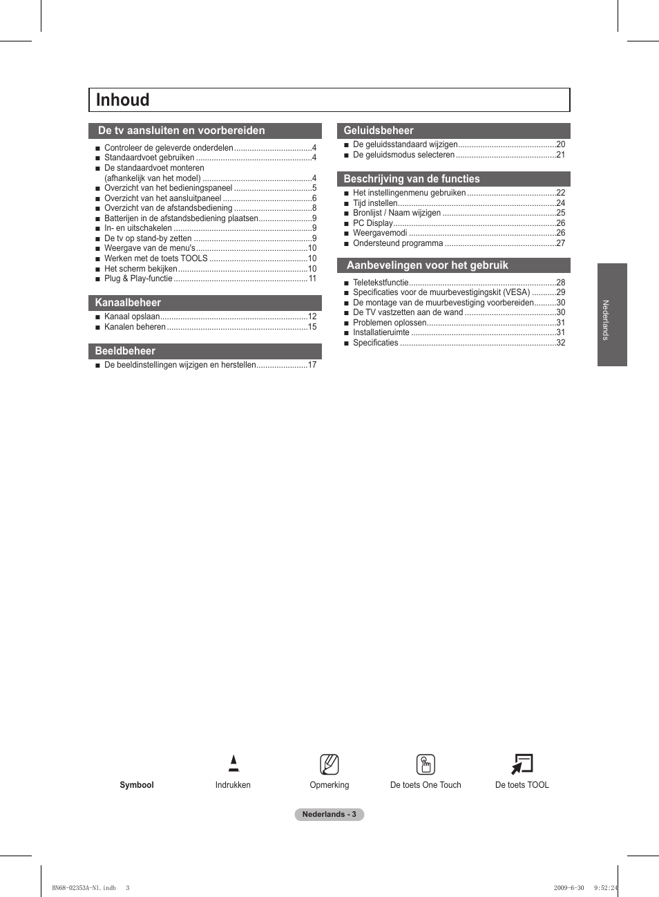 No t, Inhoud | Samsung PS50B430P2W User Manual | Page 96 / 283
