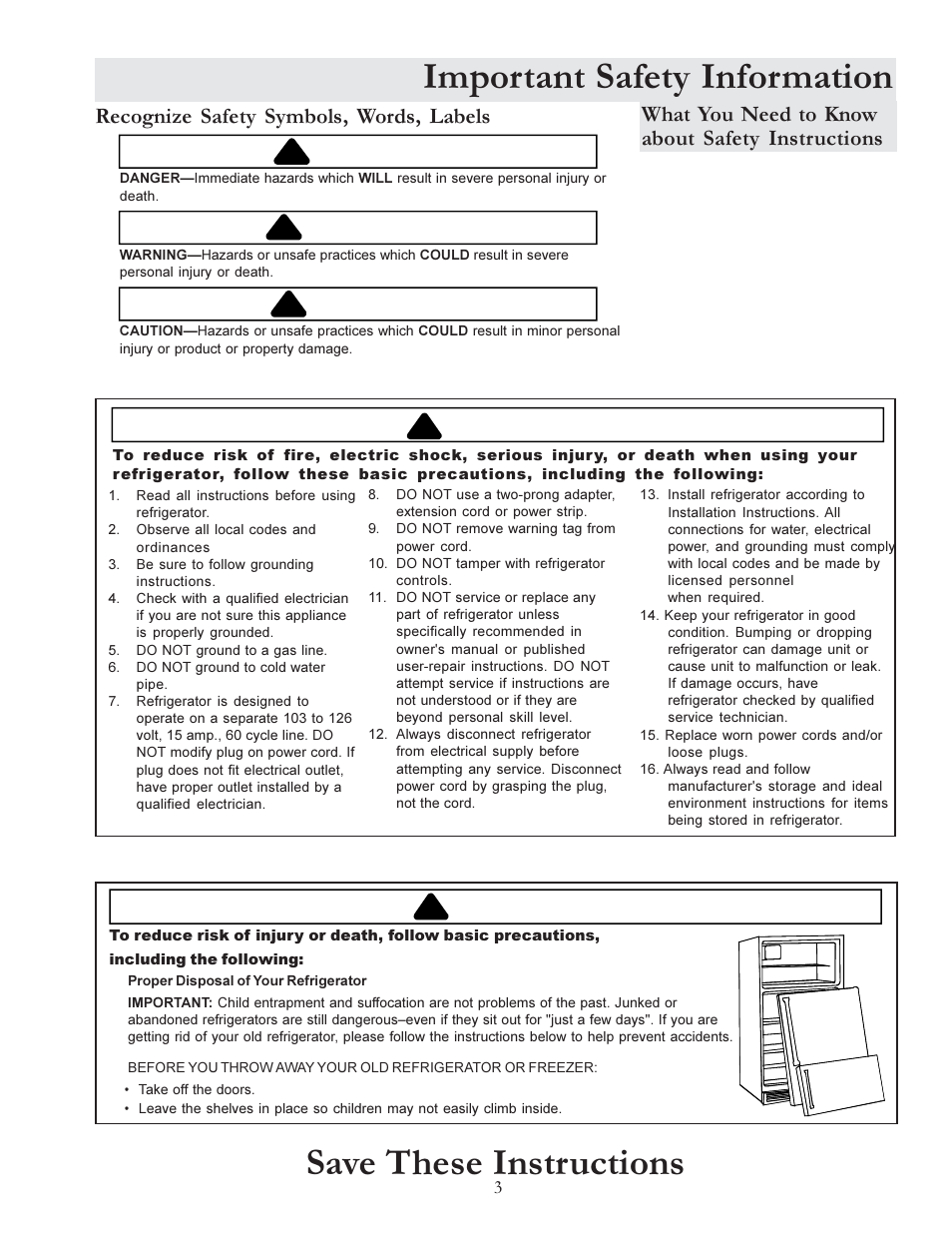 Important safety information, Save these instructions, Warning | Danger, Caution, Recognize safety symbols, words, labels, What you need to know about safety instructions | Amana W10175445A User Manual | Page 3 / 60