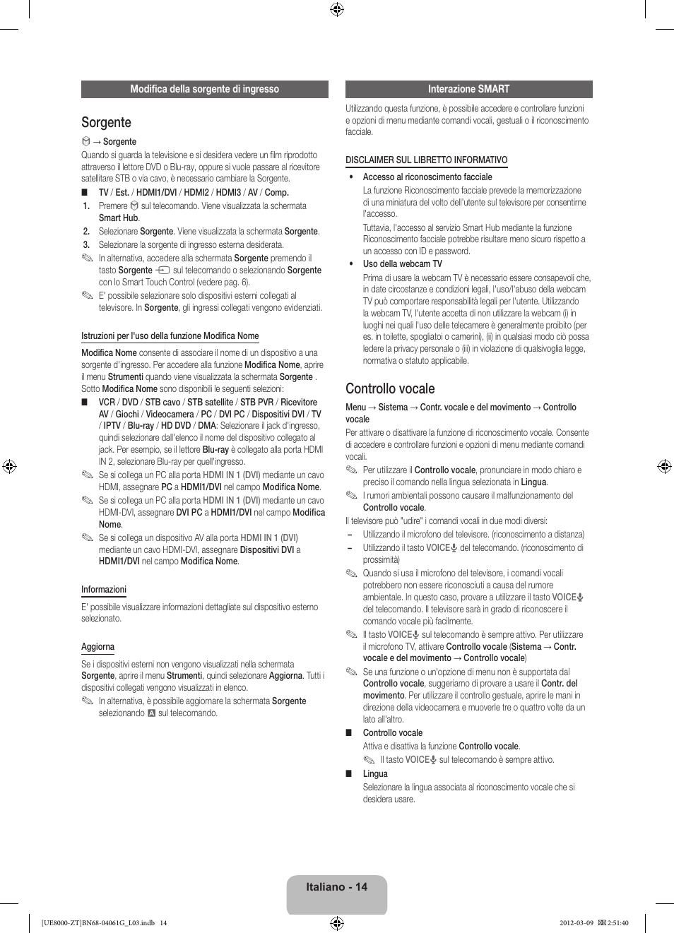 Sorgente, Controllo vocale | Samsung UE46ES8000Q User Manual | Page 37 / 71