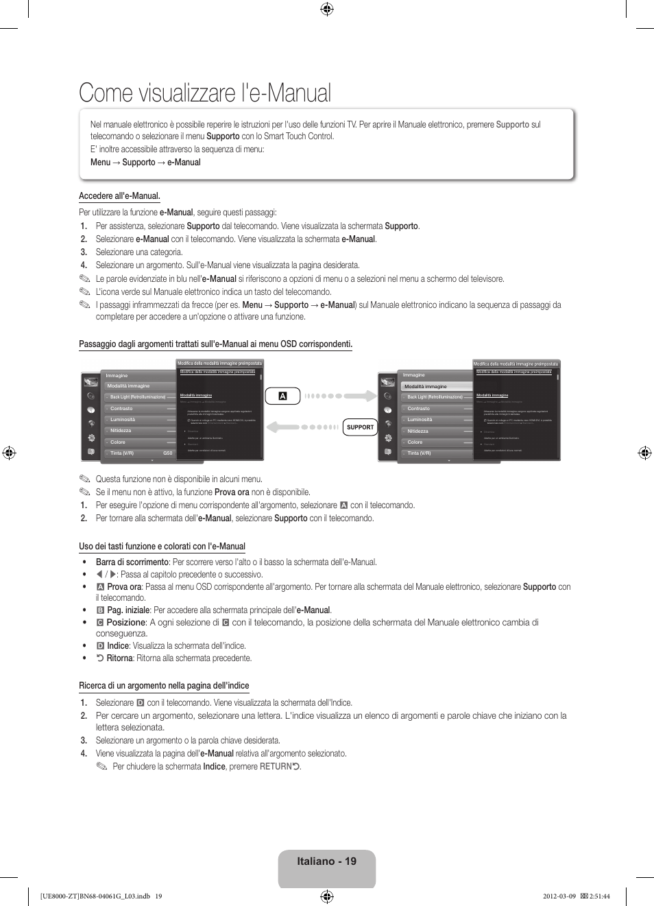 Come visualizzare l'e-manual, Italiano - 19, Questa funzione non è disponibile in alcuni menu | Per chiudere la schermata indice, premere returnr | Samsung UE46ES8000Q User Manual | Page 42 / 71