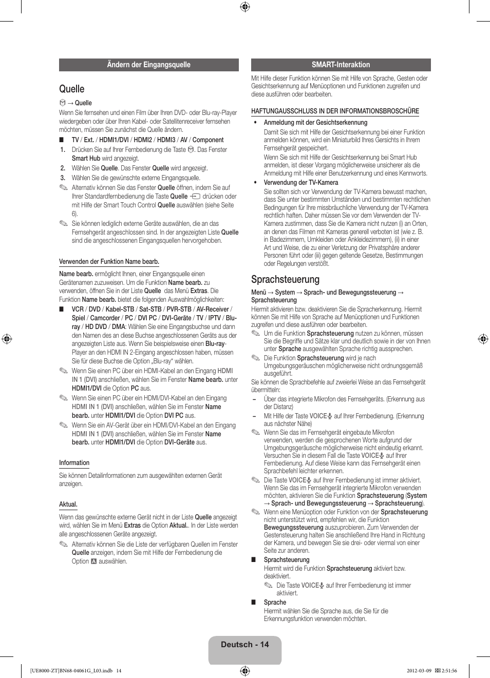 Quelle, Sprachsteuerung | Samsung UE46ES8000Q User Manual | Page 61 / 71