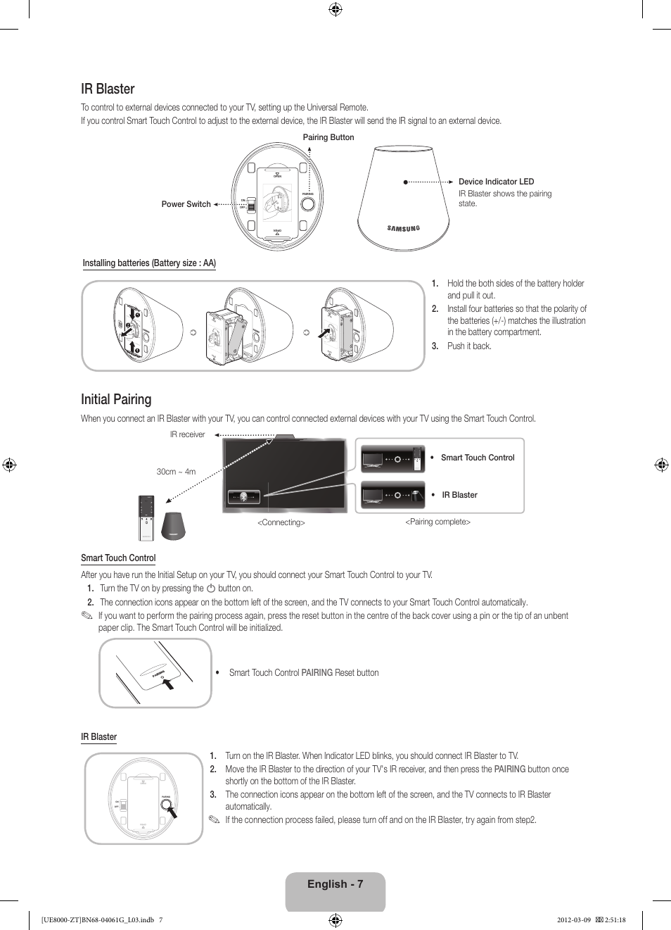 Ir blaster, Initial pairing, English - 7 | Samsung UE46ES8000Q User Manual | Page 7 / 71