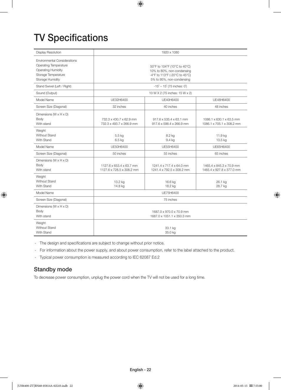 10 specifications and other information, Tv specifications, Standby mode | Samsung UE40H6400AY User Manual | Page 22 / 71