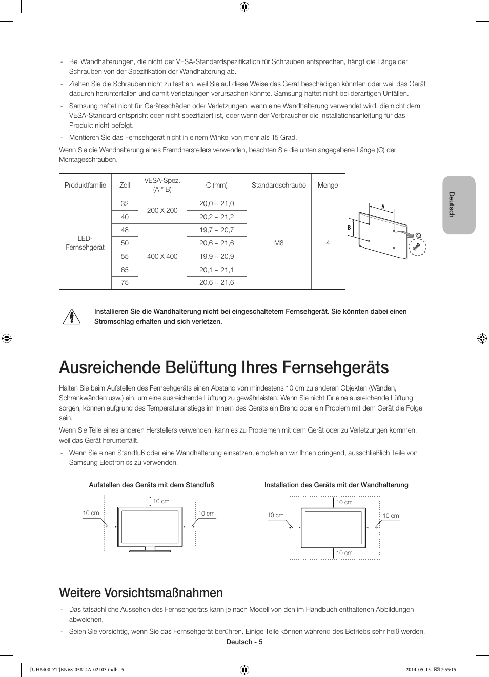 Ausreichende belüftung ihres fernsehgeräts, Weitere vorsichtsmaßnahmen | Samsung UE40H6400AY User Manual | Page 52 / 71
