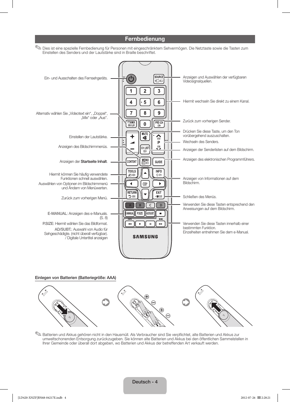 Fernbedienung | Samsung PS51E530A3W User Manual | Page 28 / 49