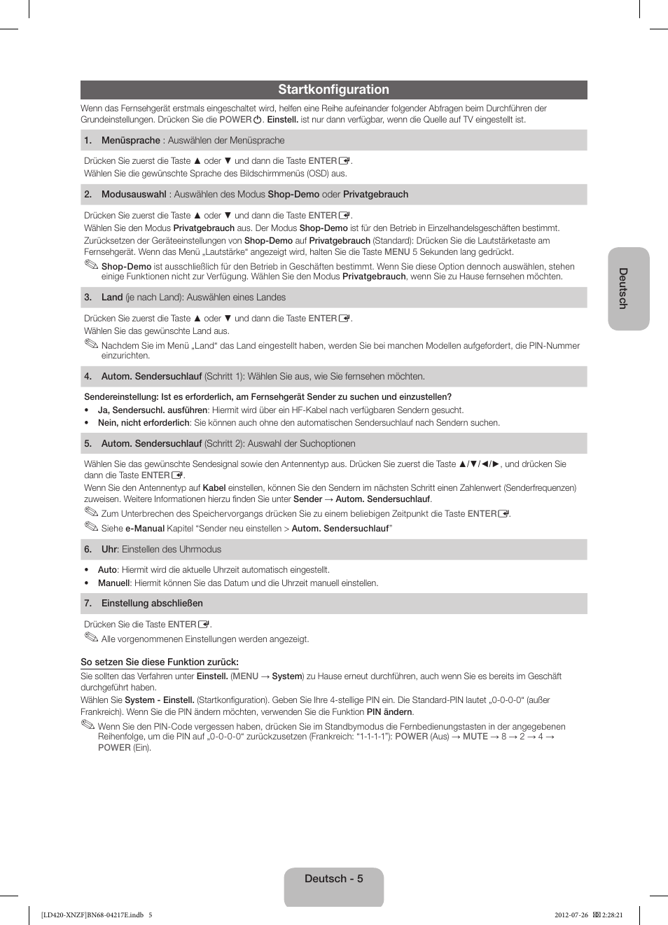 Startkonfiguration | Samsung PS51E530A3W User Manual | Page 29 / 49