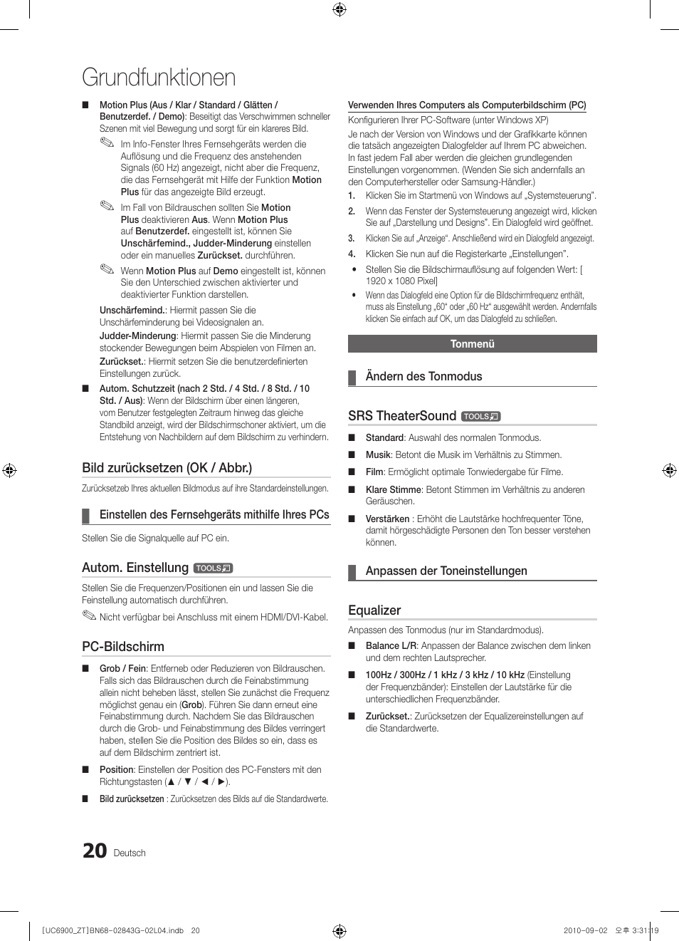 Grundfunktionen, Bild zurücksetzen (ok / abbr.), Autom. einstellung | Pc-bildschirm, Srs theatersound, Equalizer | Samsung UE46C6900VQ User Manual | Page 144 / 186