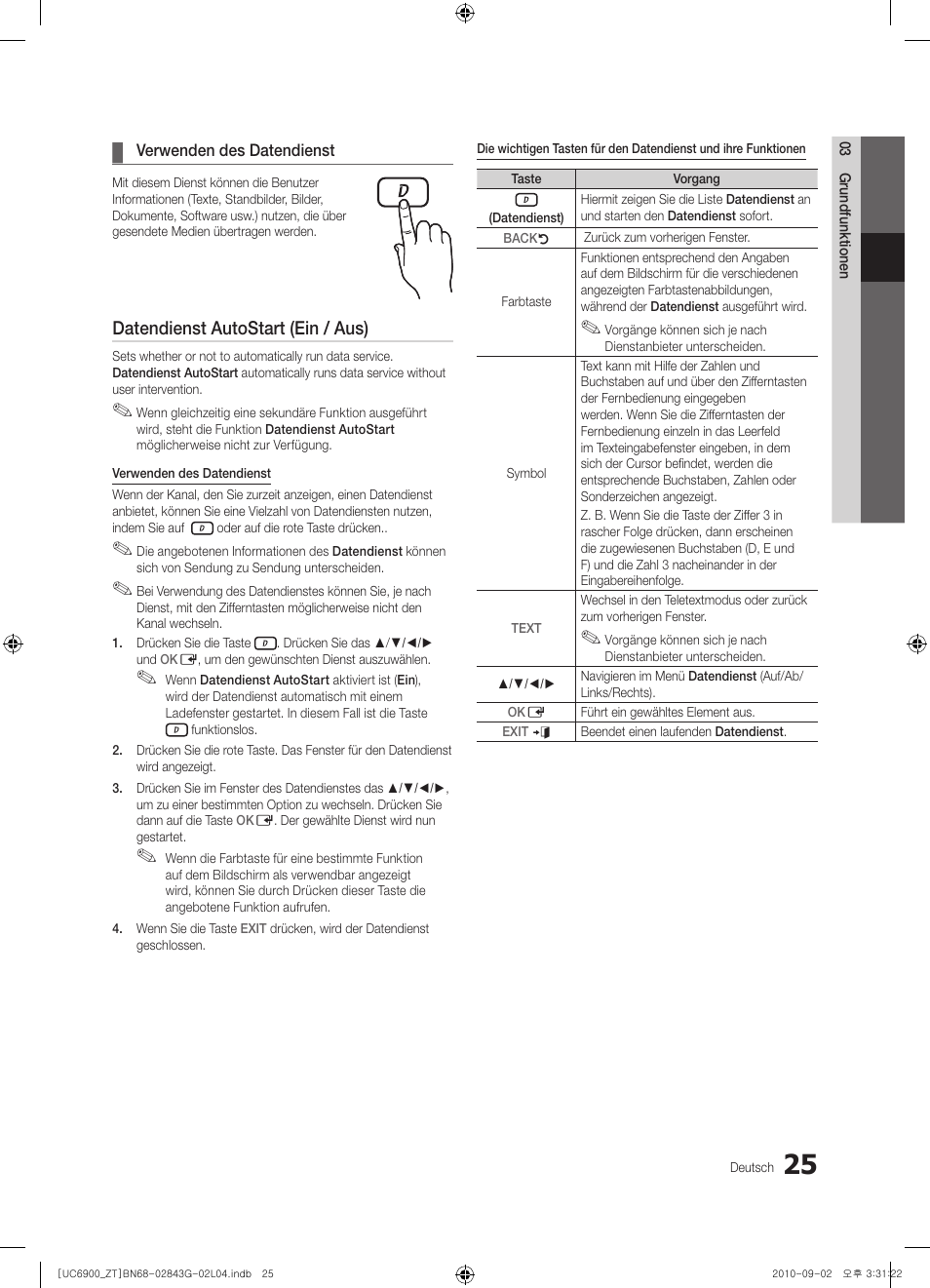 Datendienst autostart (ein / aus) | Samsung UE46C6900VQ User Manual | Page 149 / 186