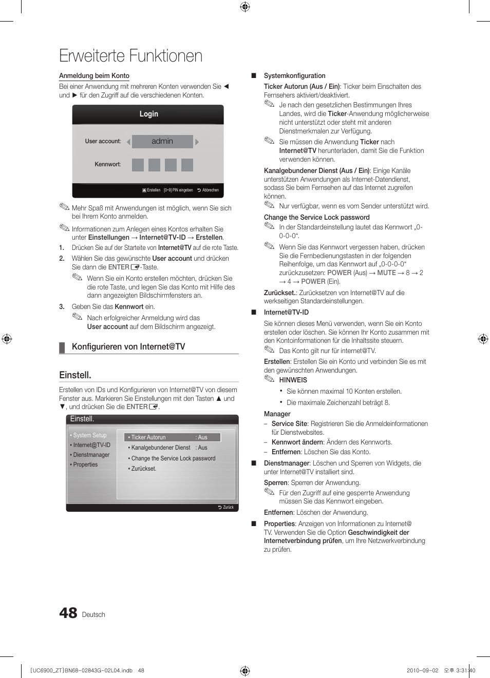 Erweiterte funktionen, Einstell | Samsung UE46C6900VQ User Manual | Page 172 / 186