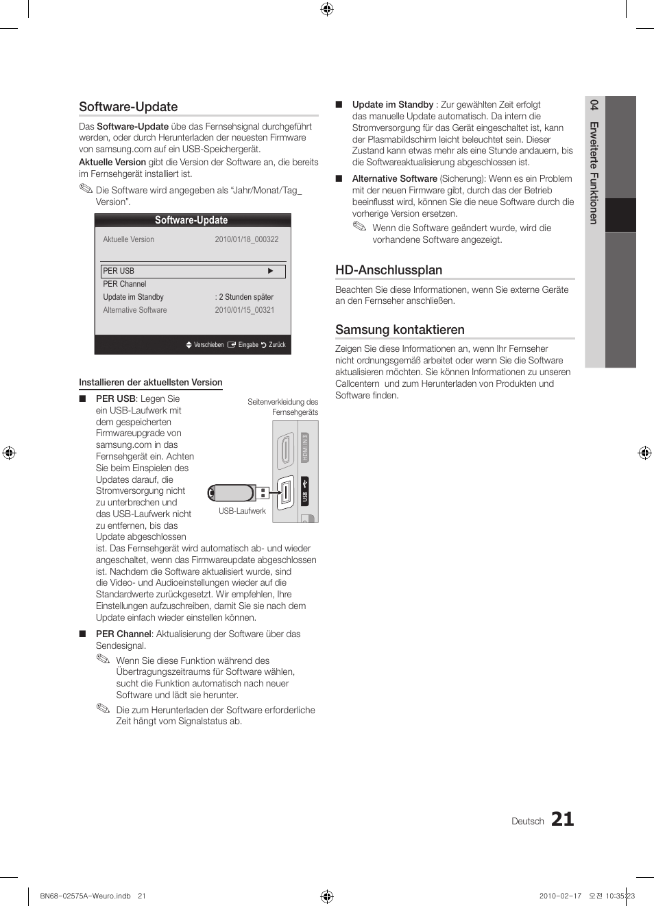 Software-update, Hd-anschlussplan, Samsung kontaktieren | Samsung PS50C450B1W User Manual | Page 101 / 361