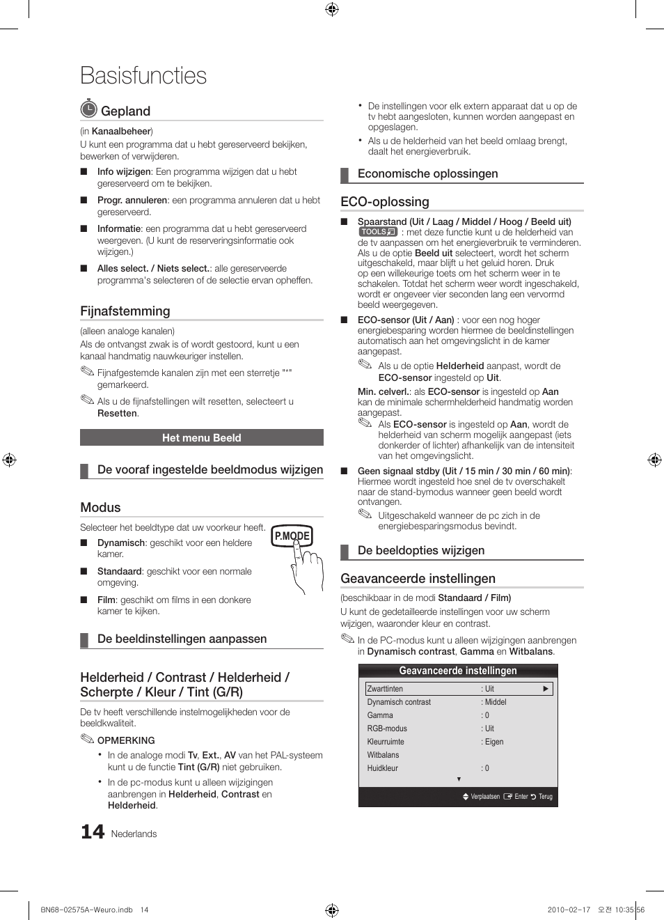 Basisfuncties, Gepland, Fijnafstemming | Modus, Eco-oplossing, Geavanceerde instellingen | Samsung PS50C450B1W User Manual | Page 134 / 361