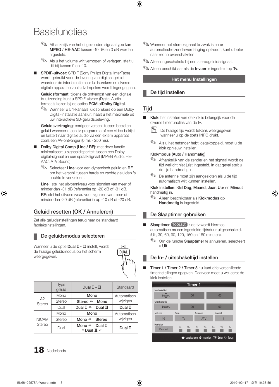 Basisfuncties, Geluid resetten (ok / annuleren), Tijd | Samsung PS50C450B1W User Manual | Page 138 / 361