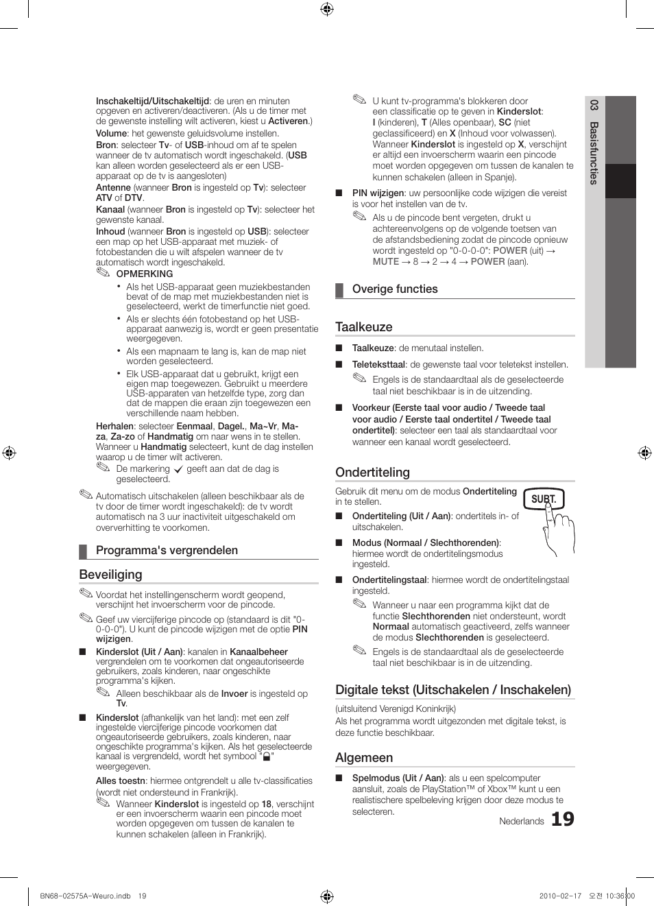 Beveiliging, Taalkeuze, Ondertiteling | Digitale tekst (uitschakelen / inschakelen), Algemeen | Samsung PS50C450B1W User Manual | Page 139 / 361