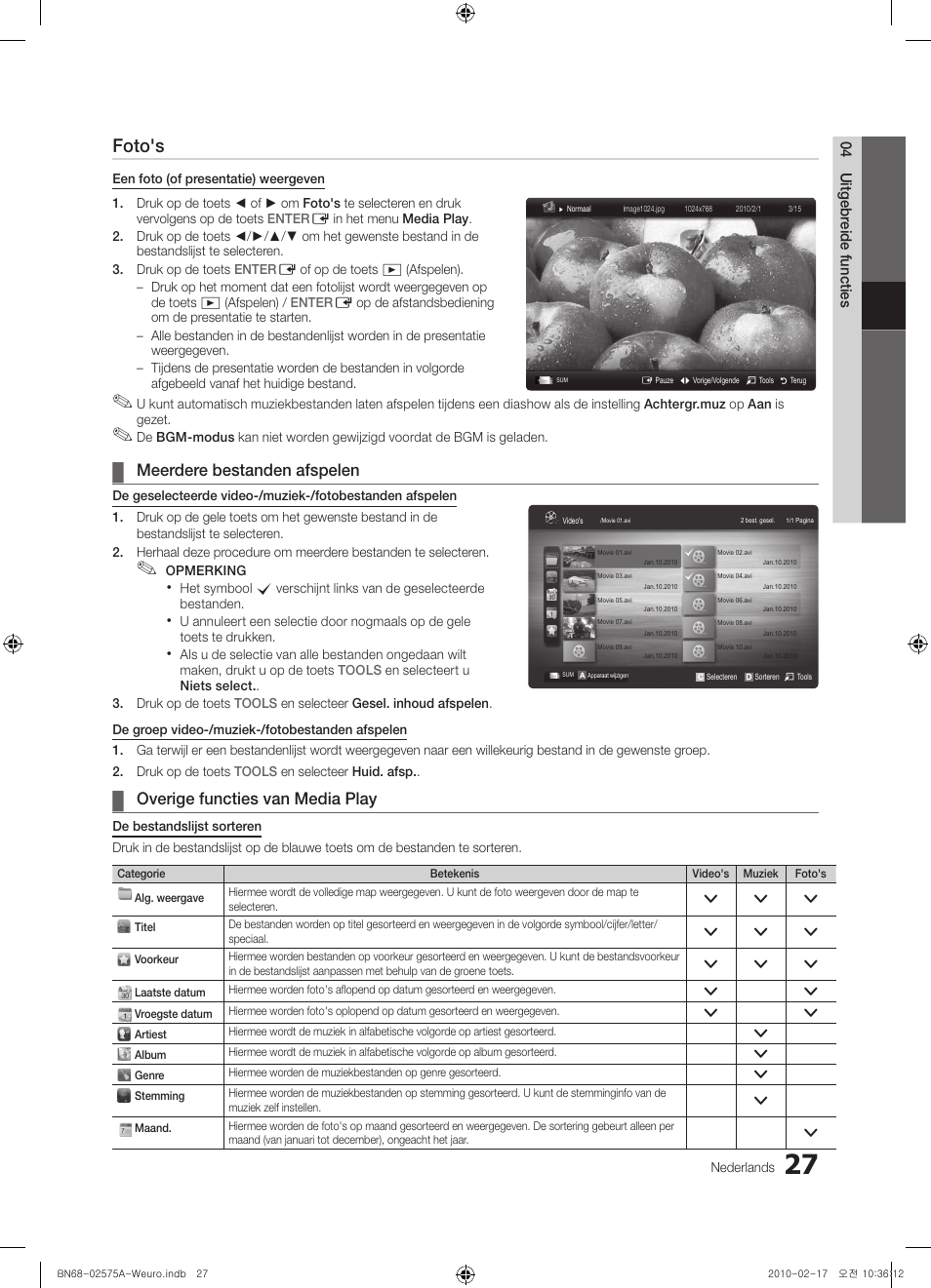 Foto's, Meerdere bestanden afspelen, Overige functies van media play | Samsung PS50C450B1W User Manual | Page 147 / 361