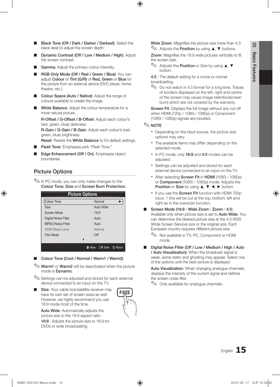 Picture options | Samsung PS50C450B1W User Manual | Page 15 / 361